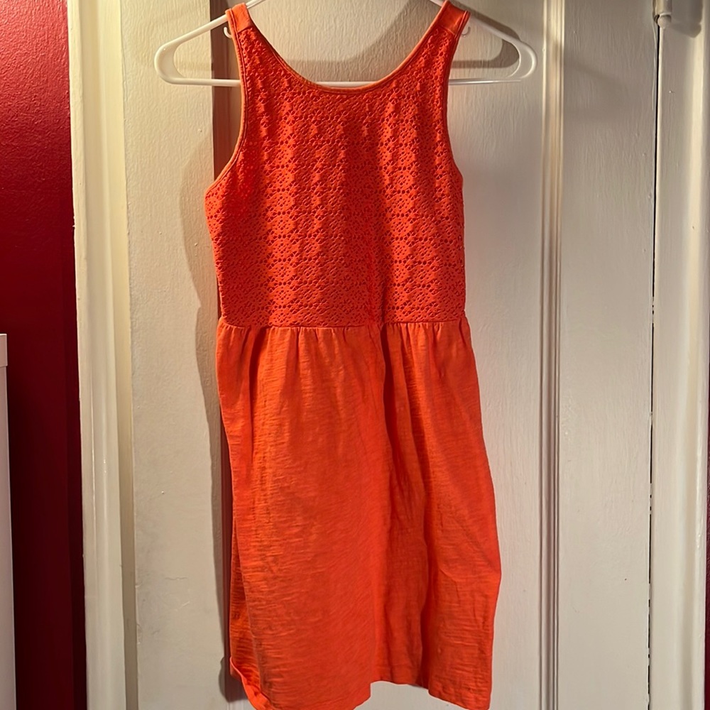 Orange-Red Girls Sleeveless Dress with Pattern on Top